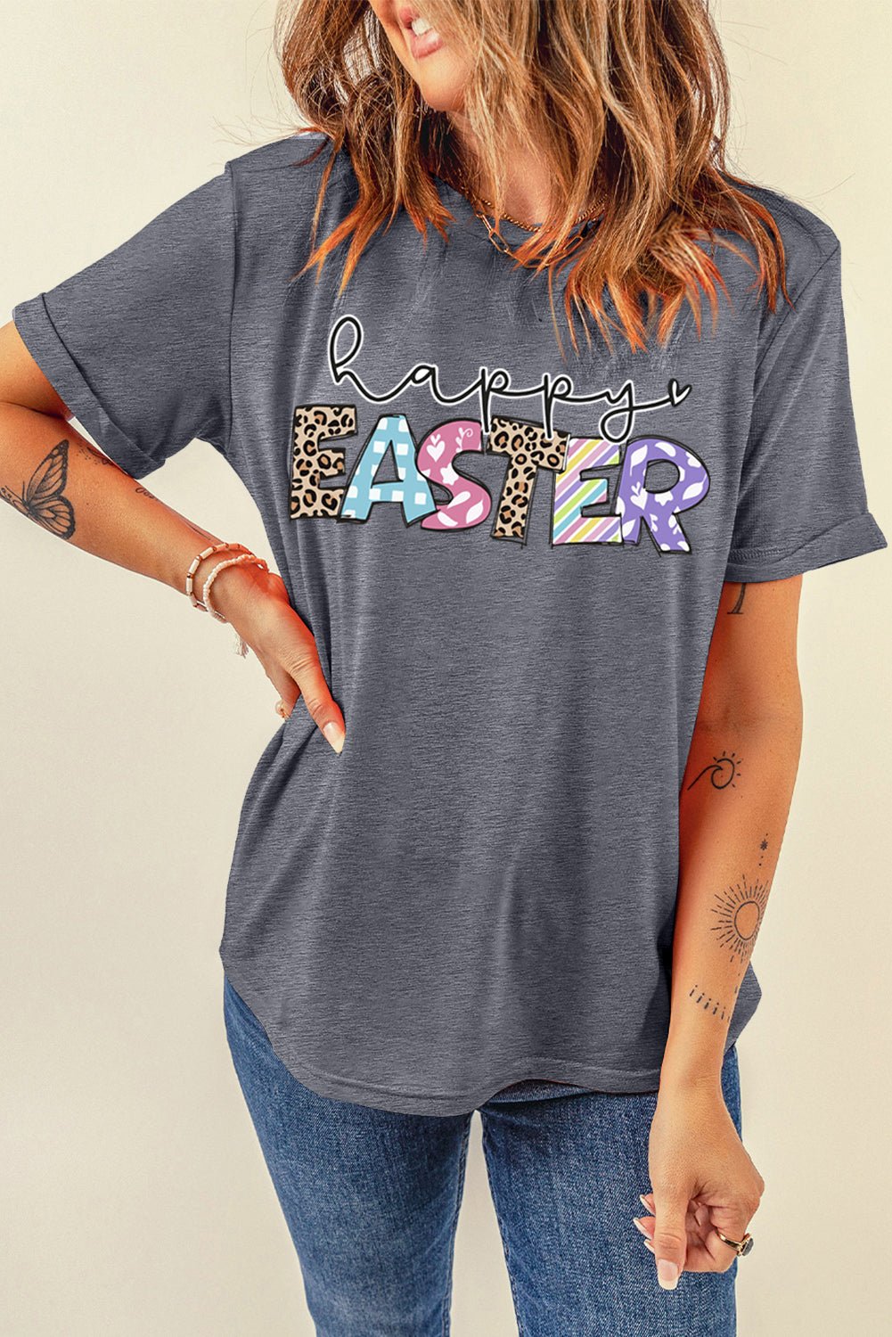 Gray Happy EASTER Lettering Graphic Crewneck Tee - Loving It Shop