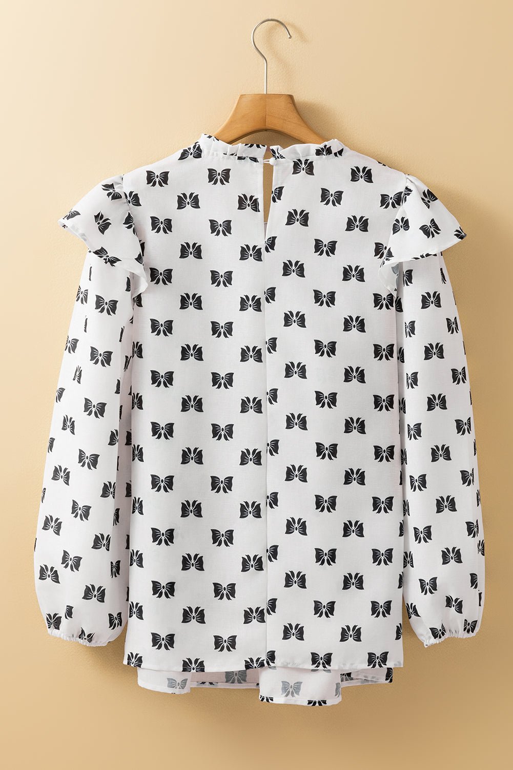 White Bow Knot Print Piping Trim Ruffled Crew Neck Blouse - Loving It Shop