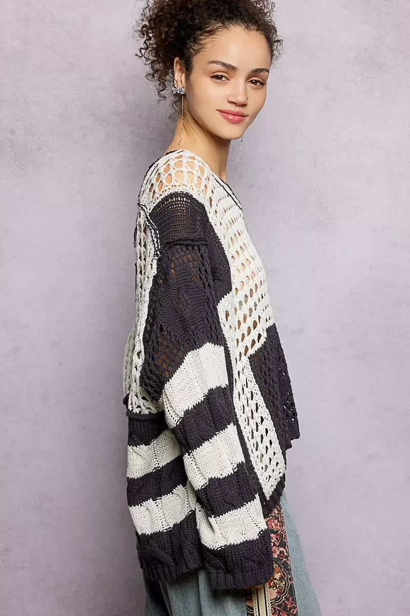 Color-Blocked Stripe Pattern Knit Top with Twisted Weave