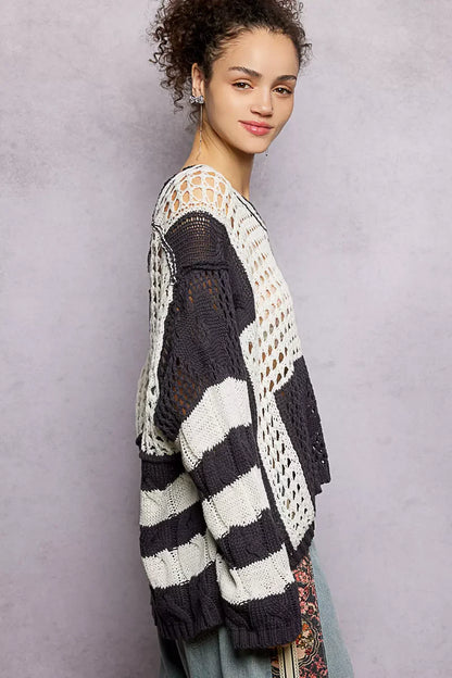 Color-Blocked Stripe Pattern Knit Top with Twisted Weave