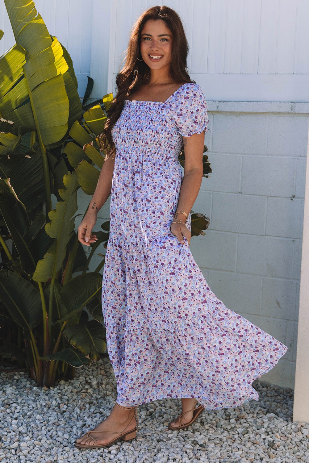 Purple Floral Short Bubble Sleeve Shirred High Waist Maxi Dress - Loving It Shop