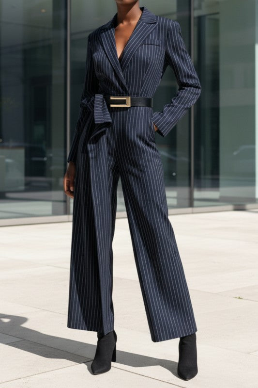 Pinstripe Tailored Belted Jumpsuit