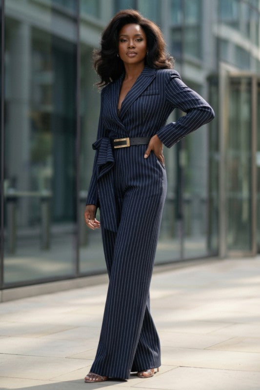 Pinstripe Tailored Belted Jumpsuit