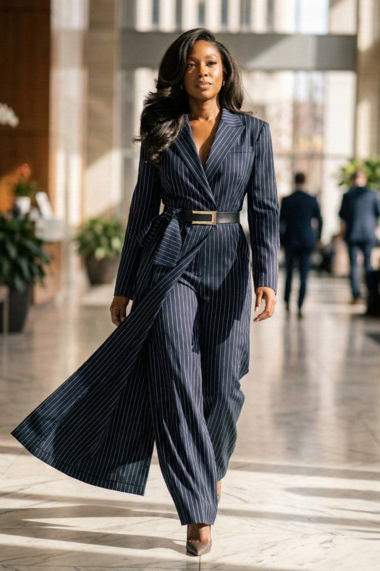 Pinstripe Tailored Belted Jumpsuit