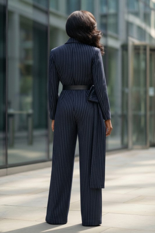 Pinstripe Tailored Belted Jumpsuit