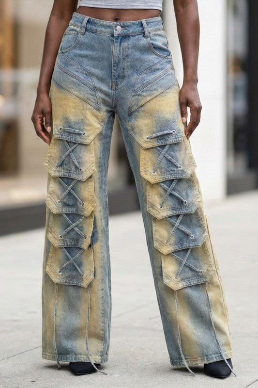 Laced Cargo Wide-Leg Denim Jeans
