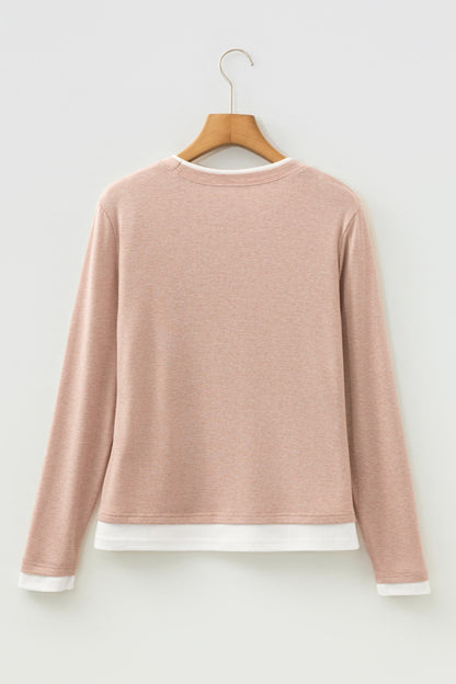 Smoke Gray False Two Piece Color Block Patchwork Long Sleeve Top