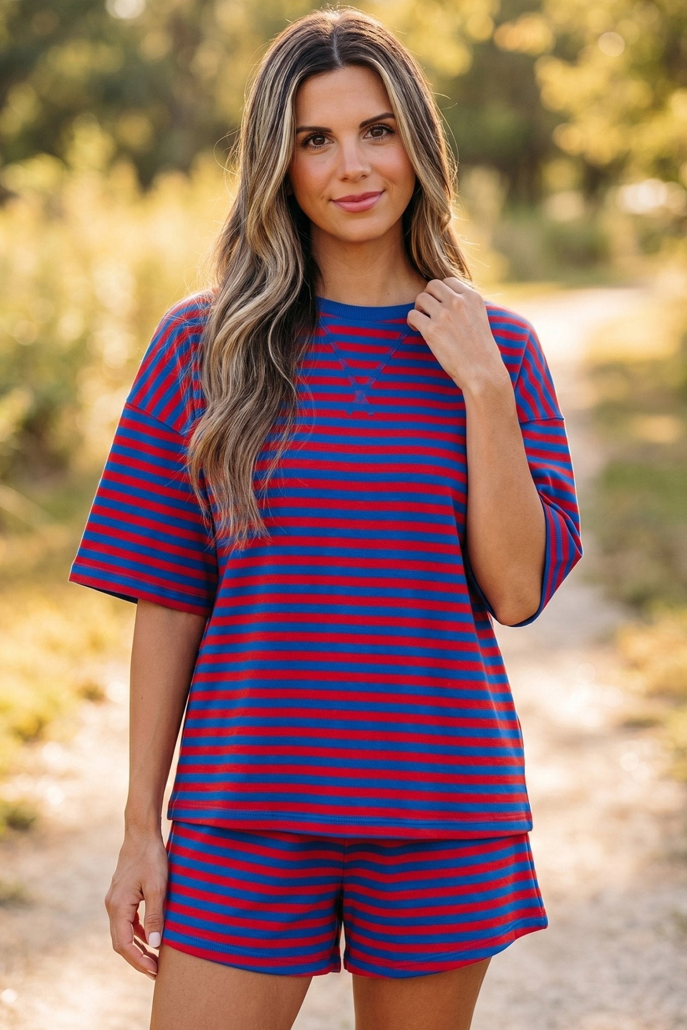 Navy Stripe Striped Ribbed Cotton Two - Piece Short Set with Chest Patch Detail - Loving It Shop