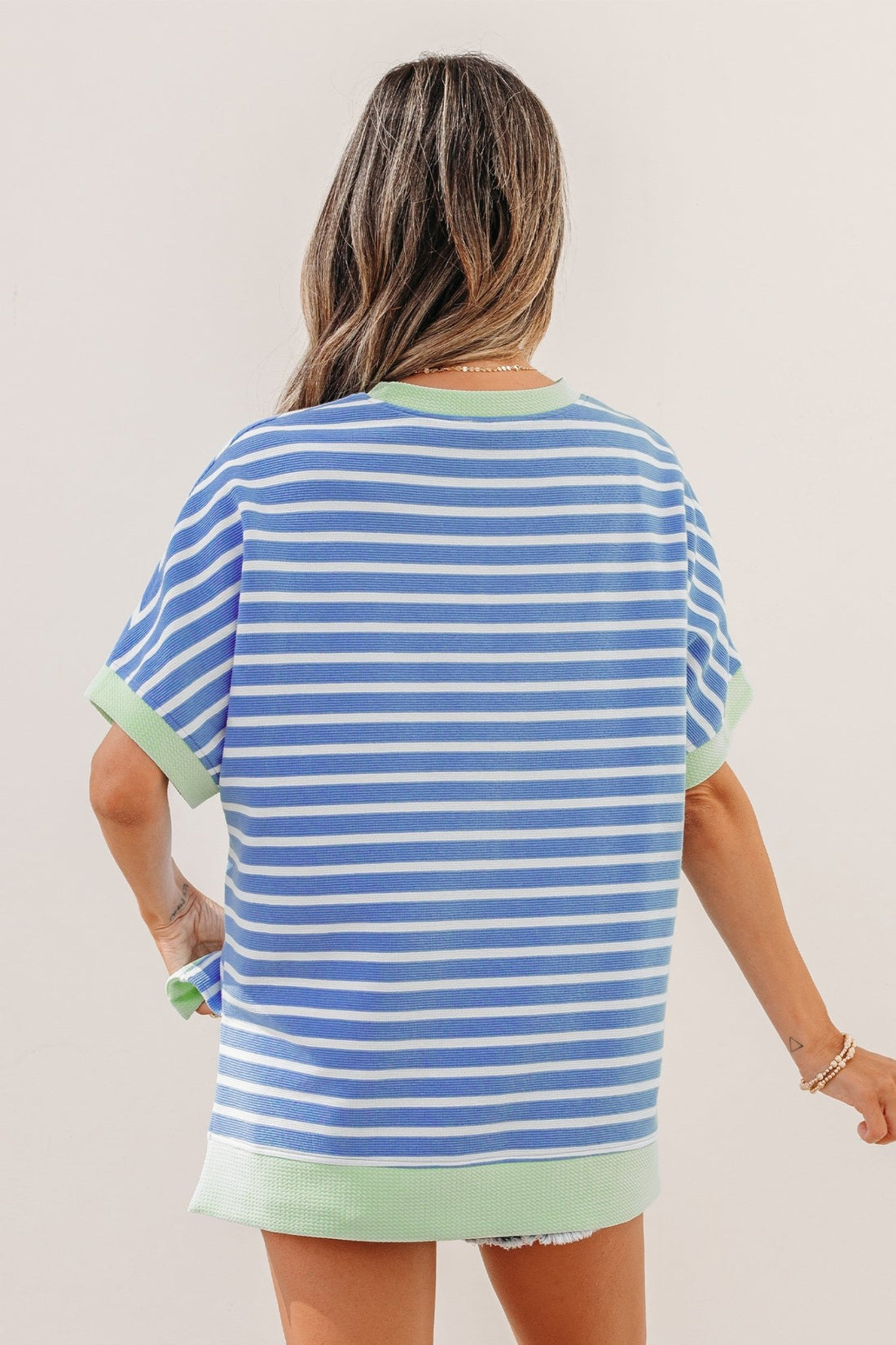 Sky Blue Stripe Contrast Trim Loose Short Sleeve Top - Loving It Shop