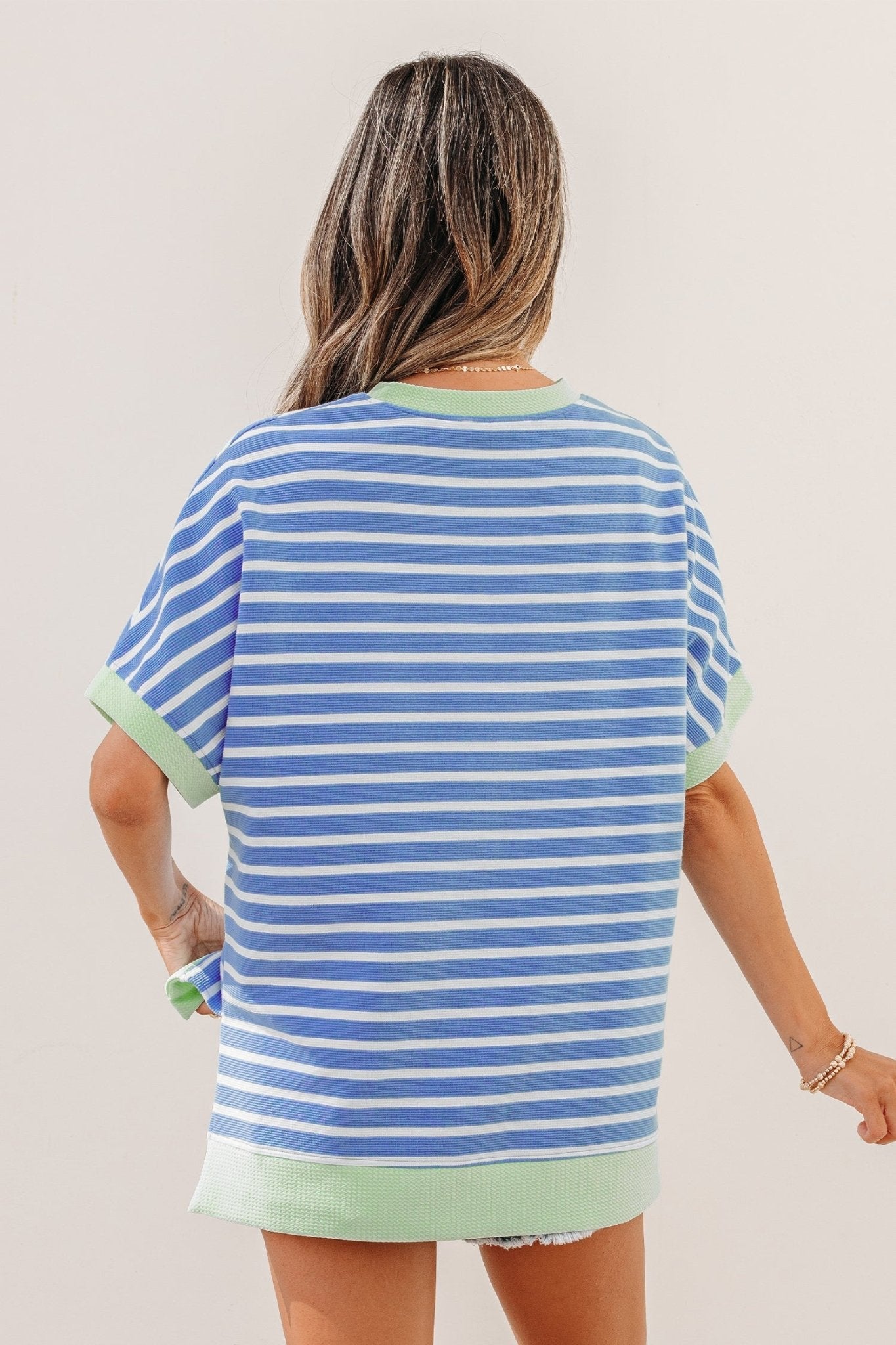 Sky Blue Stripe Contrast Trim Loose Short Sleeve Top - Loving It Shop