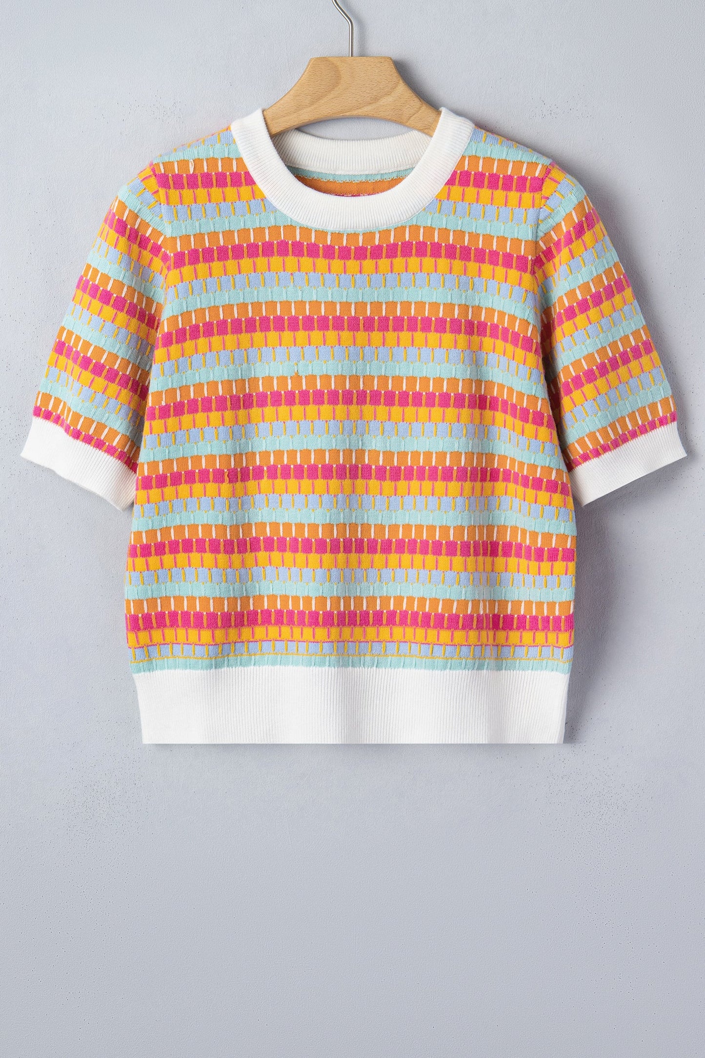 Orange Abstract Striped Knit Short Sleeve Sweater