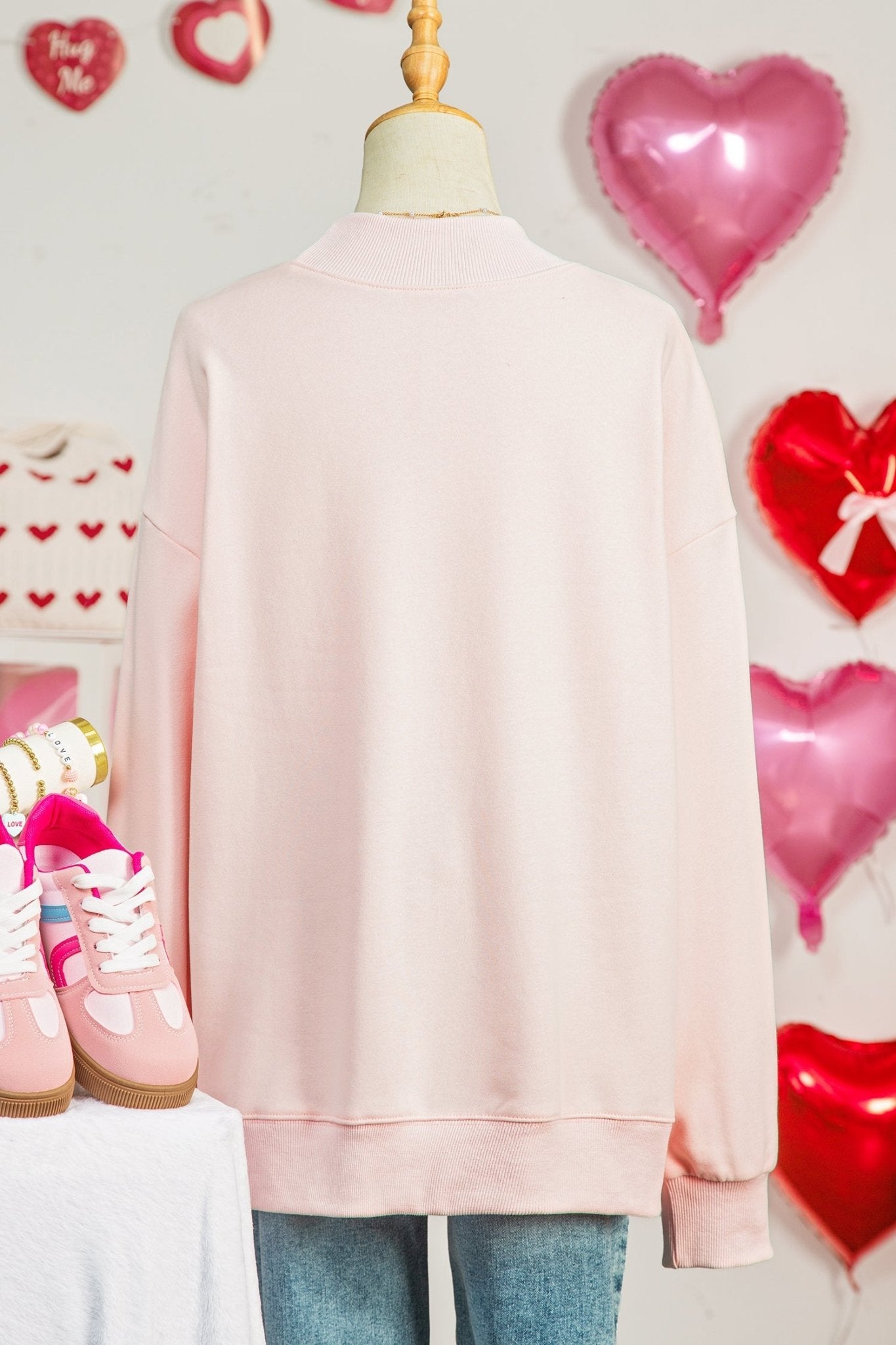 Apricot Pink Valentines Bow Heart Embroidered Mock Neck Sweatshirt - Loving It Shop