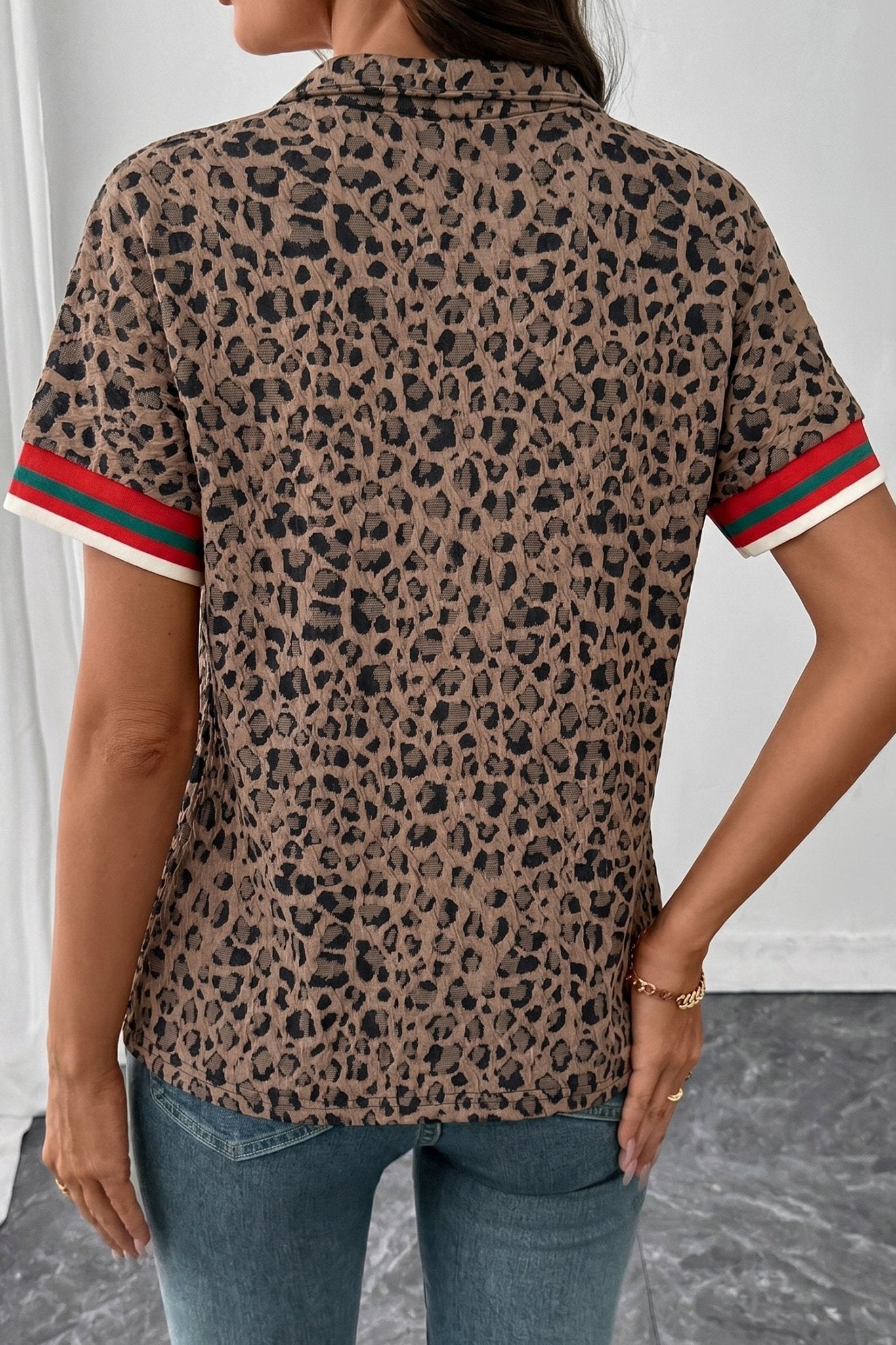 Brown Leopard Jacquard Striped Patchwork Half Zip Short Sleeve Blouse - Loving It Shop