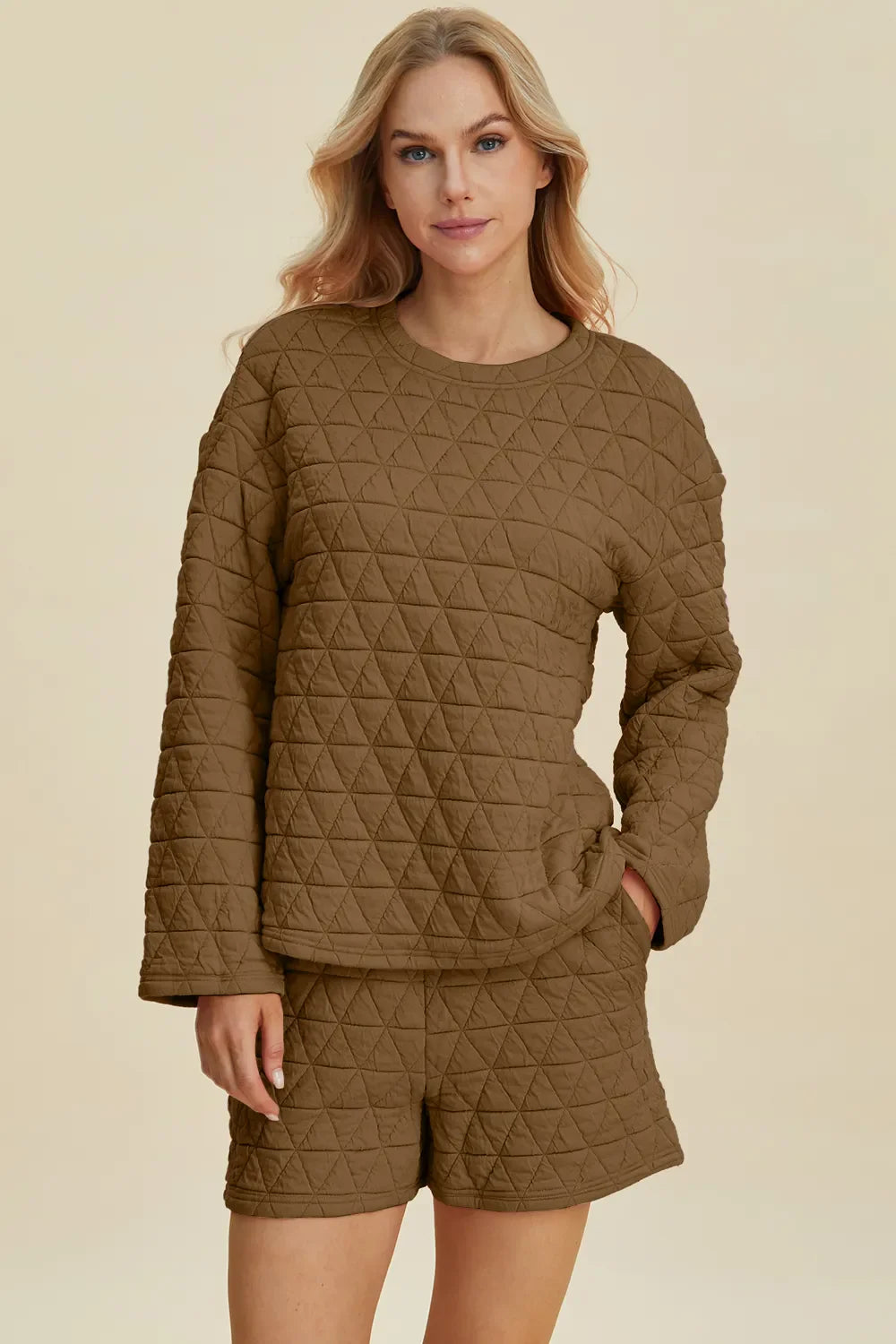 I am a Fashion junky Full Size Texture Round Neck Long Sleeve Top and Shorts Set