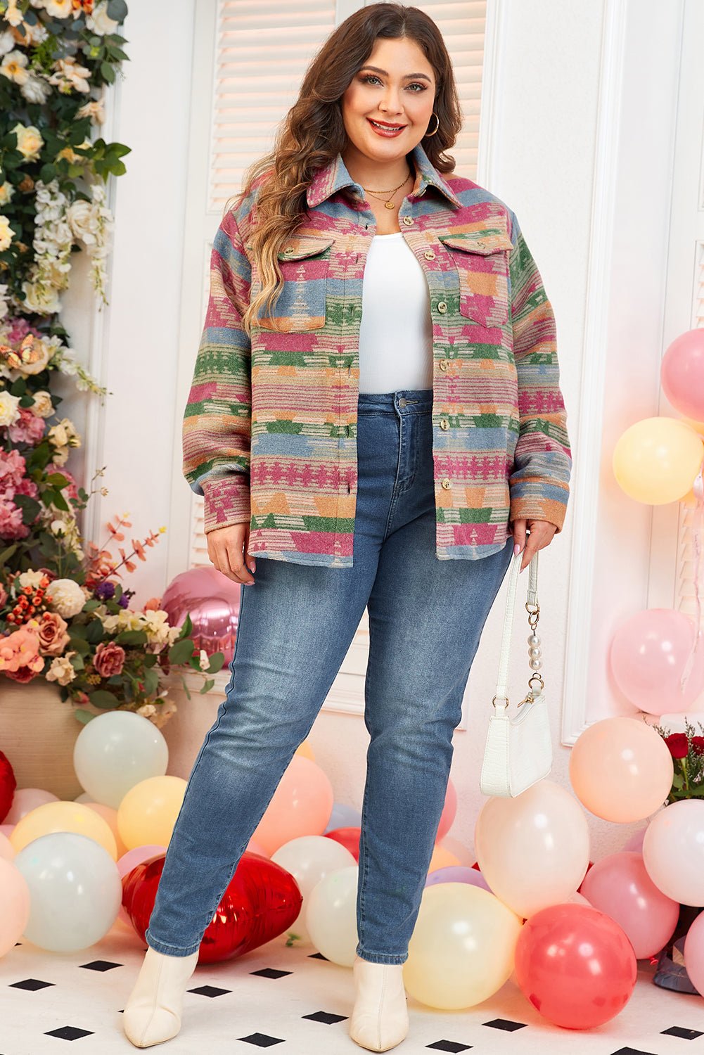 Pink Plus Size Aztec Printed Flap Pocket Shacket - Loving It Shop