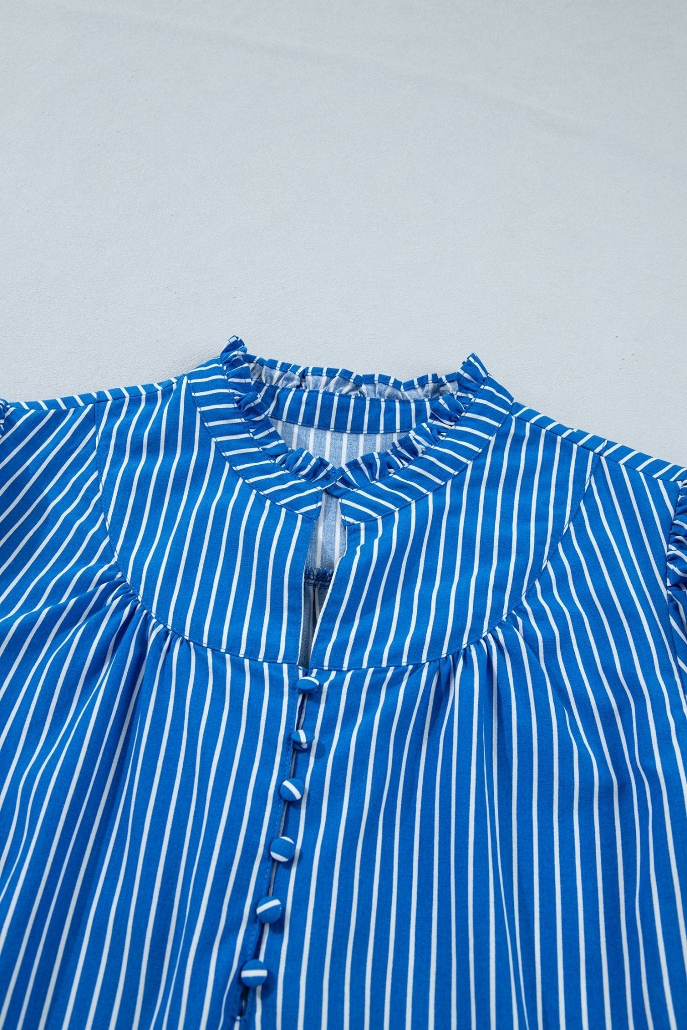 Blue Stripe Ruffled Short Puff Sleeve Button Front Blouse - Loving It Shop