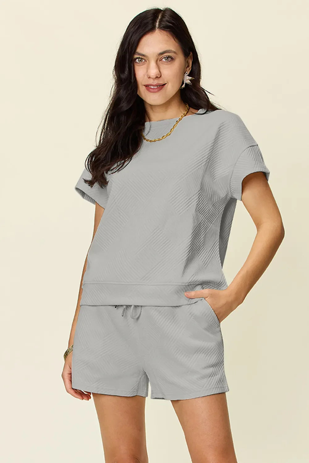 I am a Fashion Junky Full Size Texture Short Sleeve T-Shirt and Drawstring Shorts Set