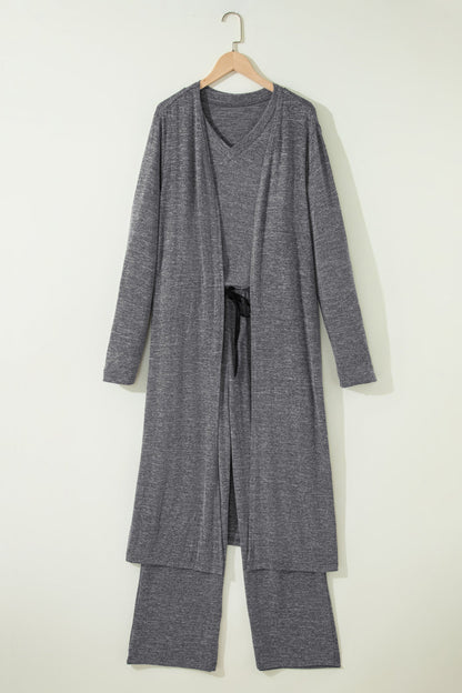 Dark Grey 3pcs V Neck T Shirt Ribbon Knot Pants Open Duster 3pcs Lounge Set