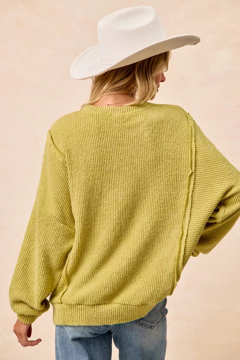 Boucle Rib Knit Uneven Hem Sweater With Open Seam