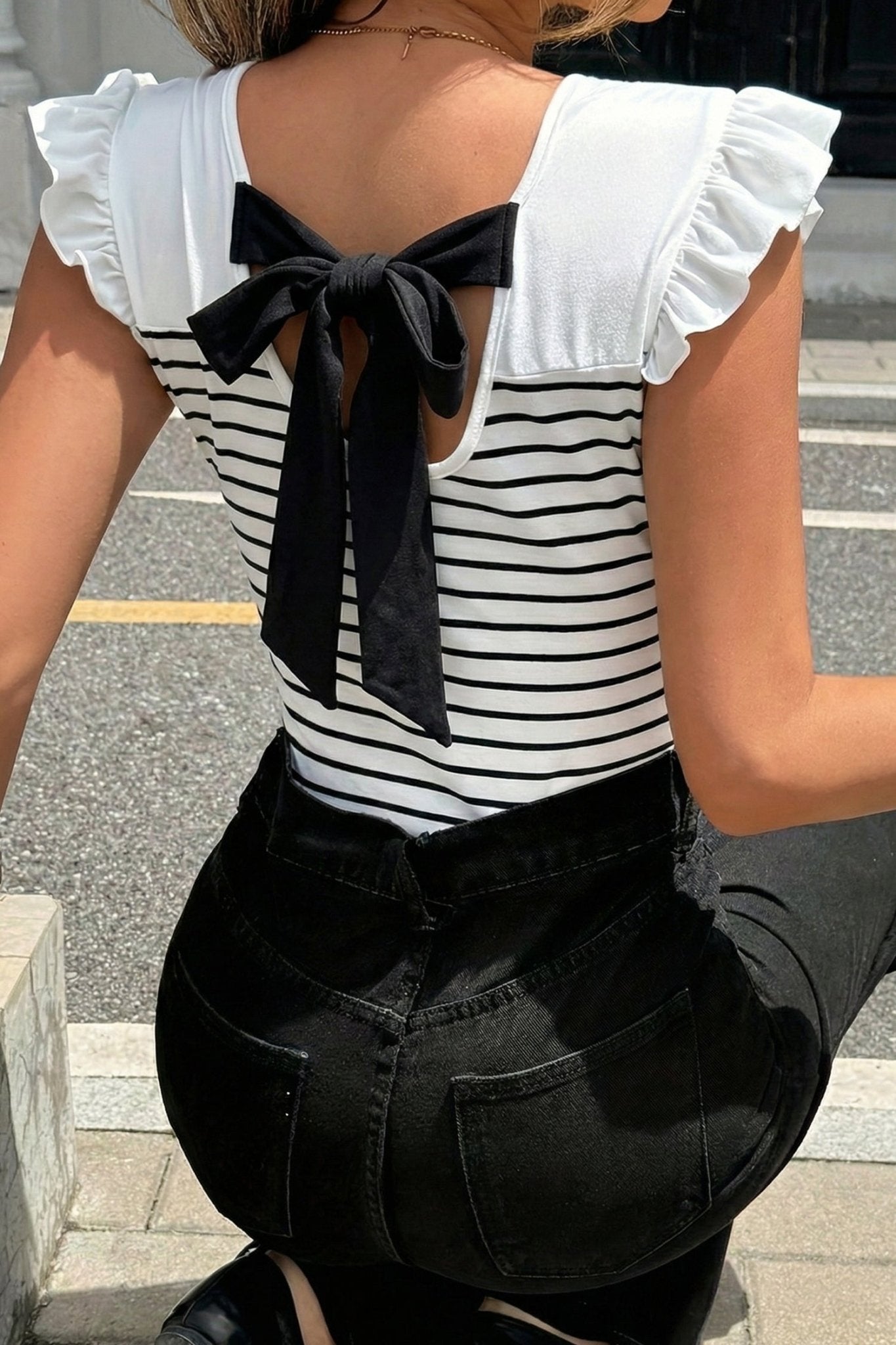 White Stripe Contrast Knot Back Ruffle Trim Tank Top - Loving It Shop