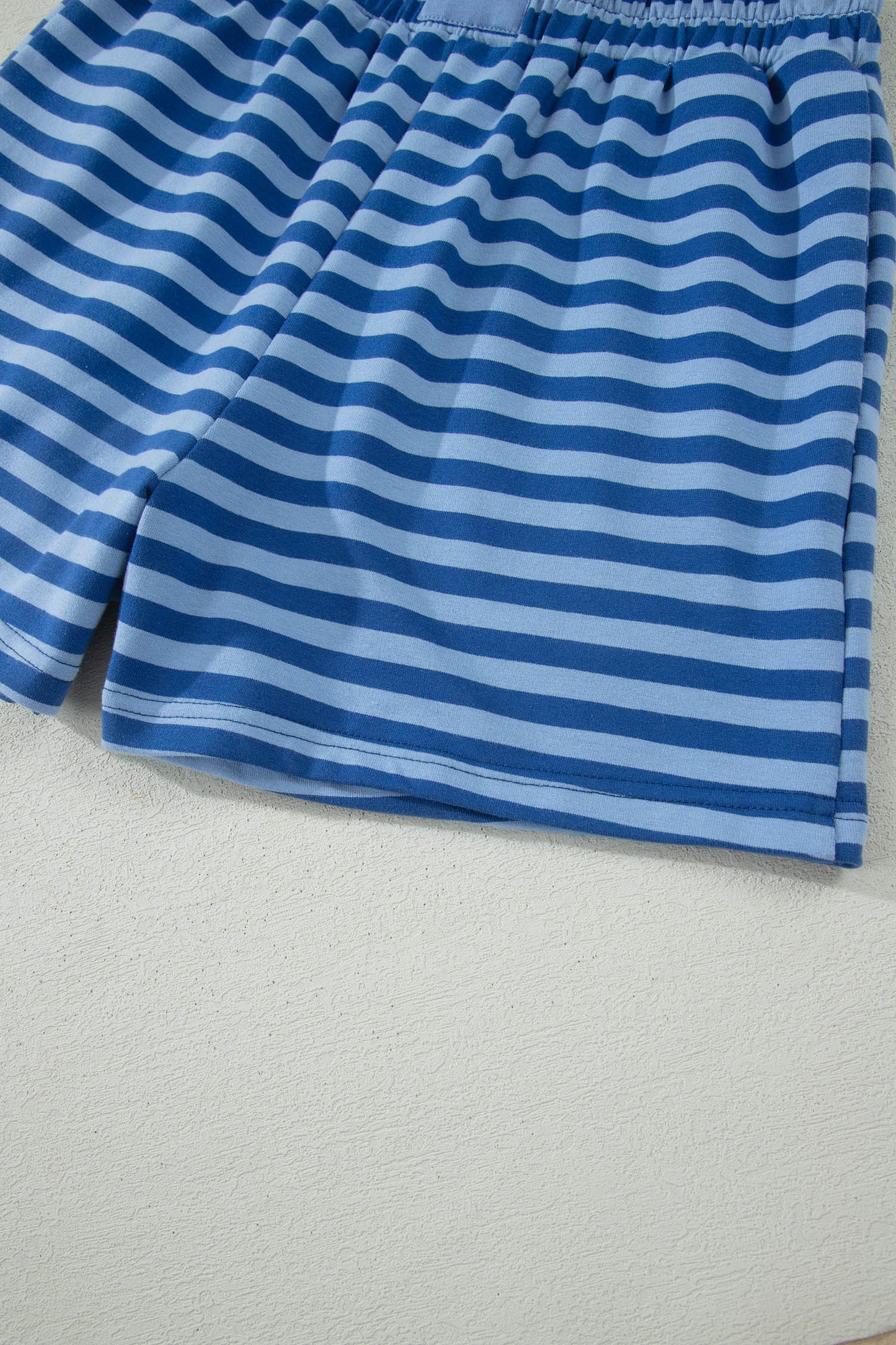 Blue Stripe Striped Ribbed Cotton Two - Piece Short Set with Chest Patch Detail - Loving It Shop