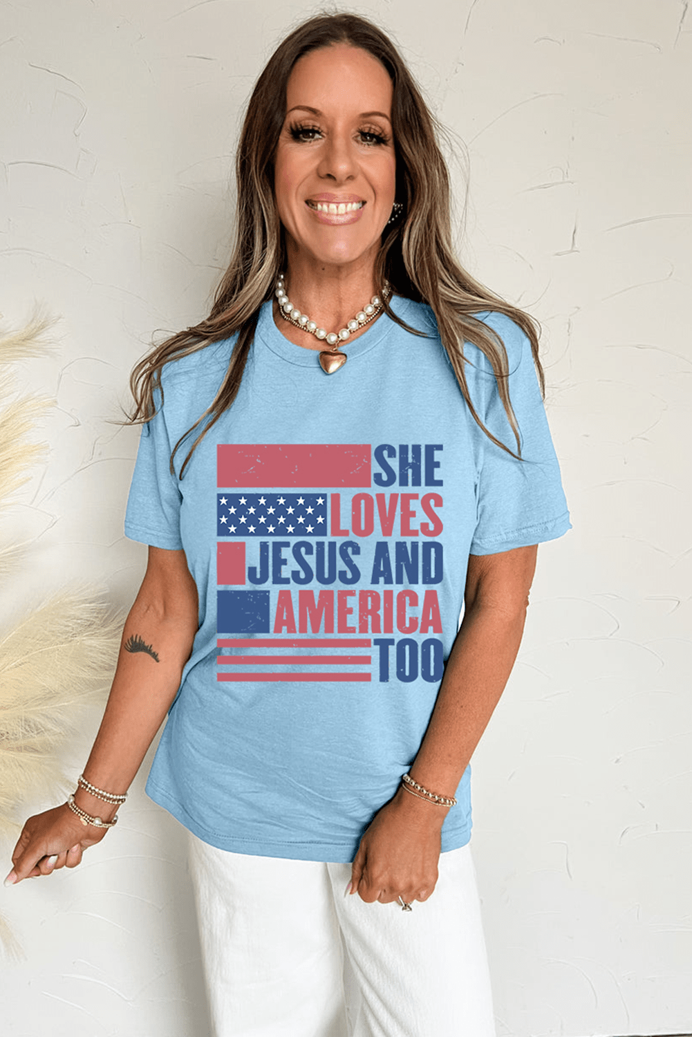 Light Blue SHE LOVES JESUS AND AMERICA TOO Flag Graphic T Shirt - Loving It Shop