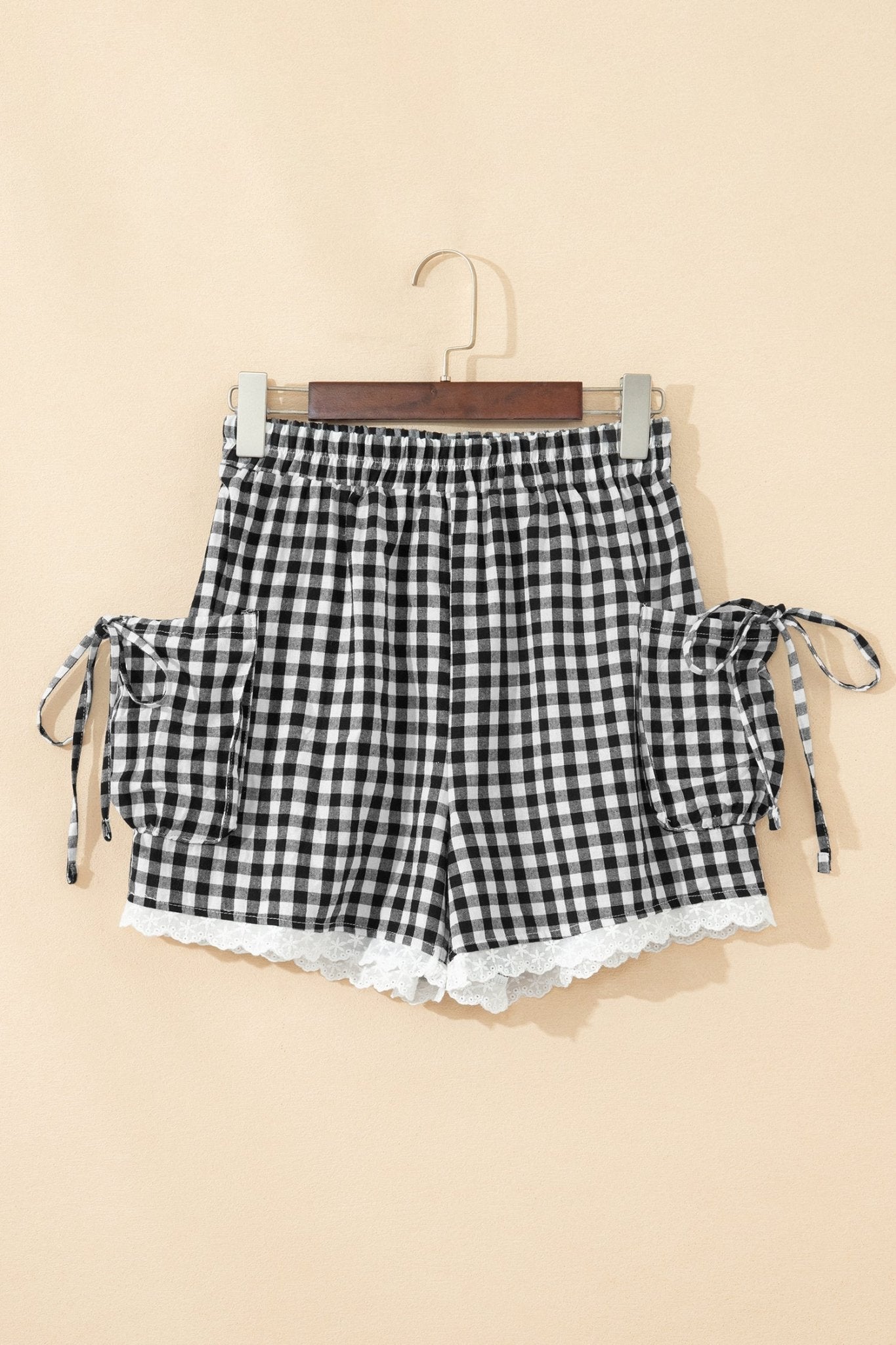 Black Gingham Lace Trim Shorts with Pouch Pockets - Loving It Shop