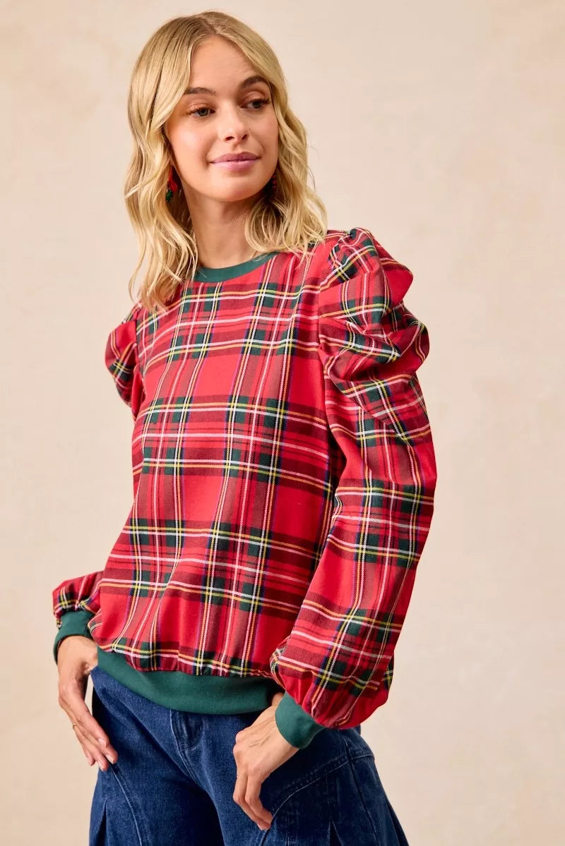 Christmas Plaid Exaggerated Shoulder Sleeves Top