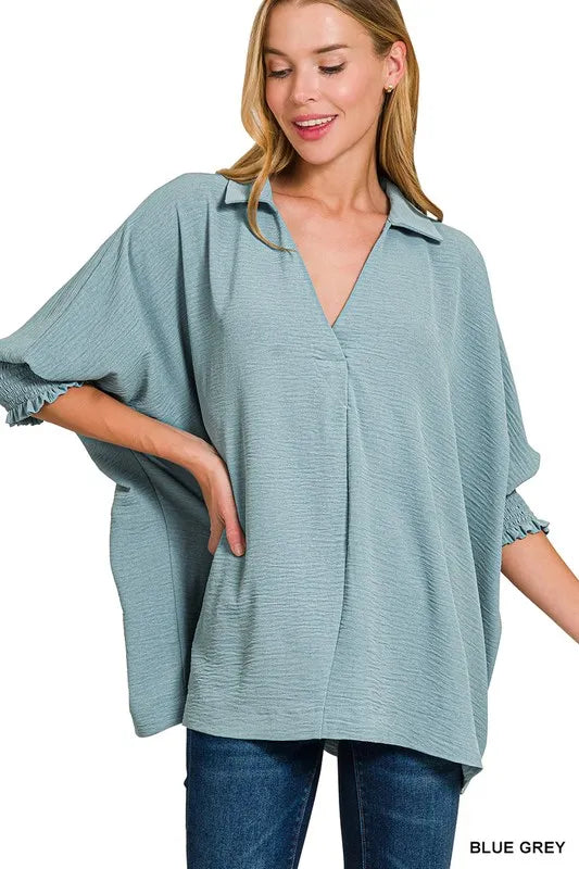 Airflow Collar Tee with Smocked Sleeve Band Top