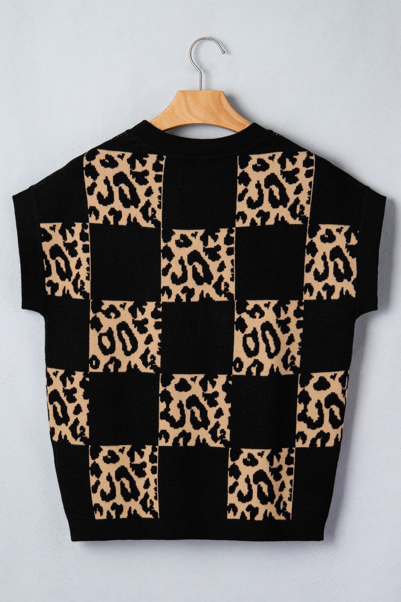 Black Leopard Checkerboard Short Sleeve Knit Sweater - Loving It Shop