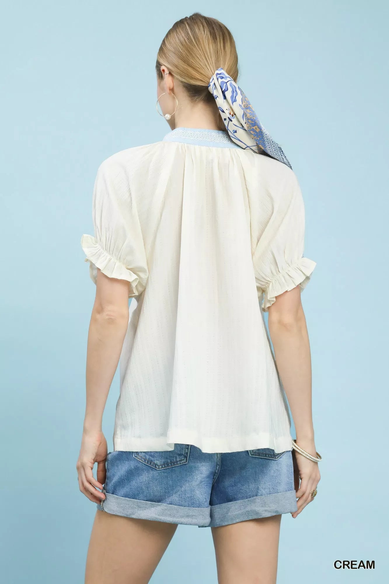 Textured V-Neck Top with Lace Trim Details
