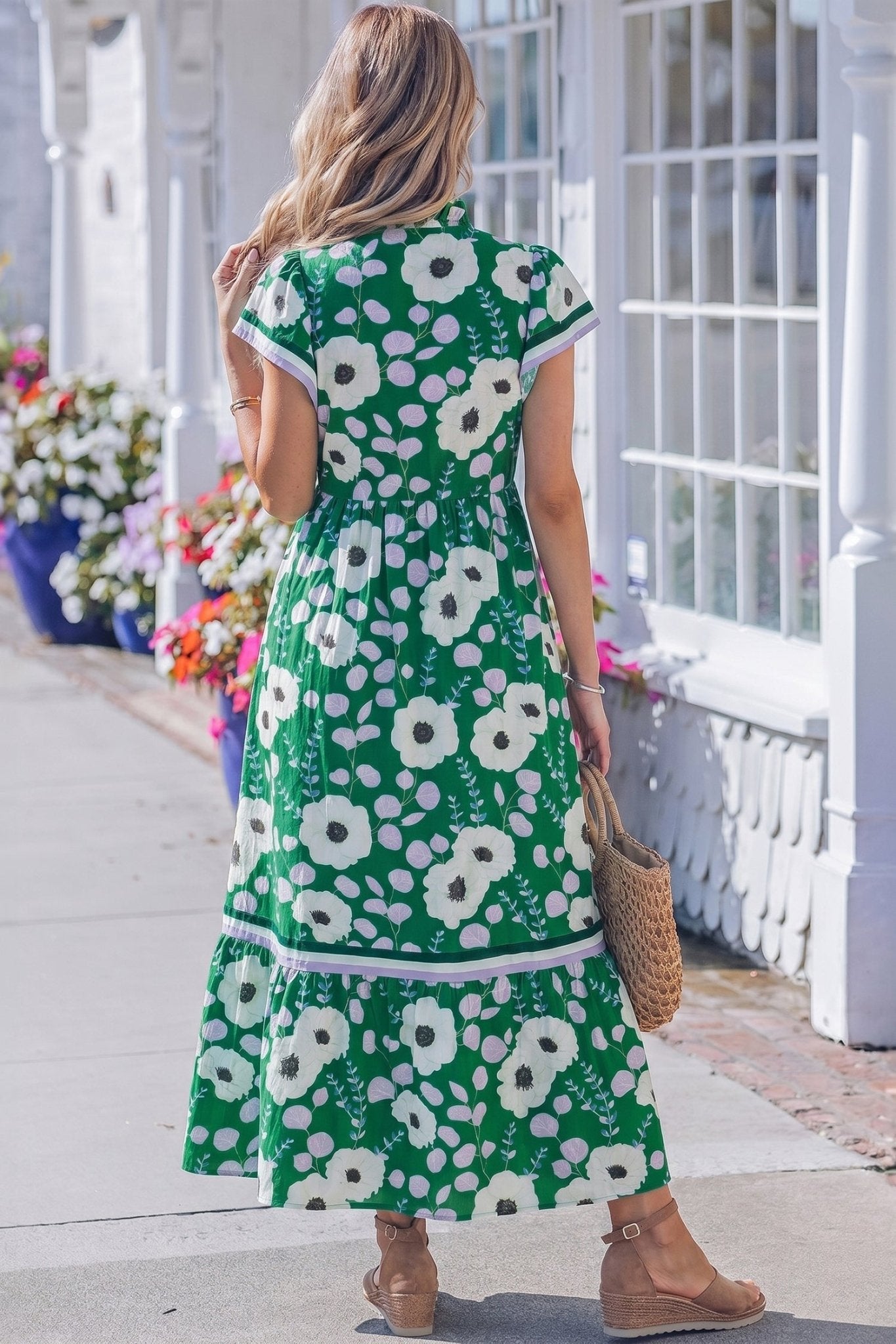 Green V Neck Ruffled Short Sleeve Flower Maxi Dress - Loving It Shop