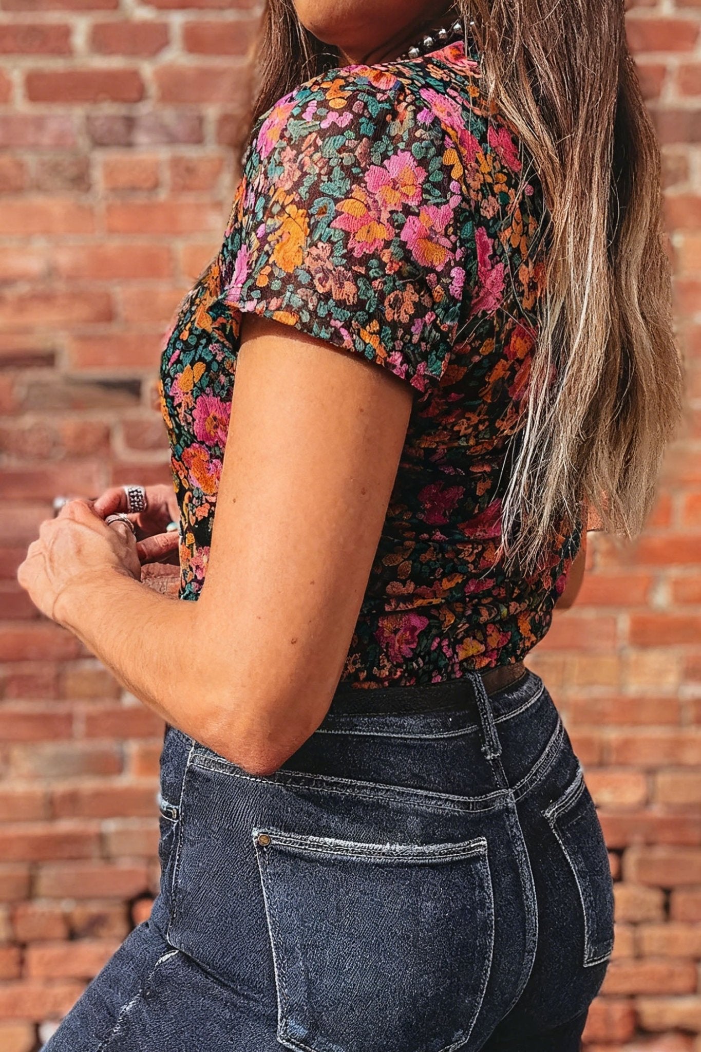 Rose Retro Floral Printed Mesh Short Sleeve Top - Loving It Shop