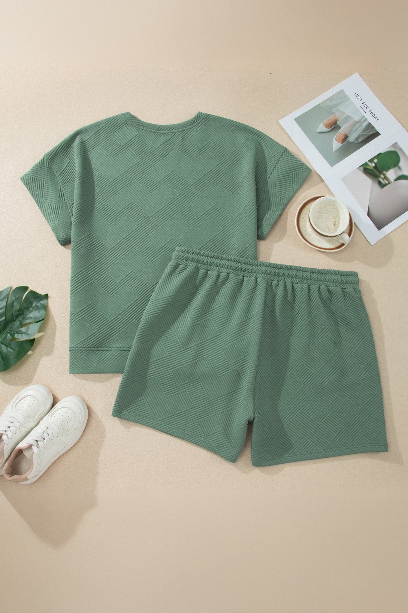 Mineral Blue Plus Size Textured Short Sleeve Top Drawstring Shorts Set - Loving It Shop