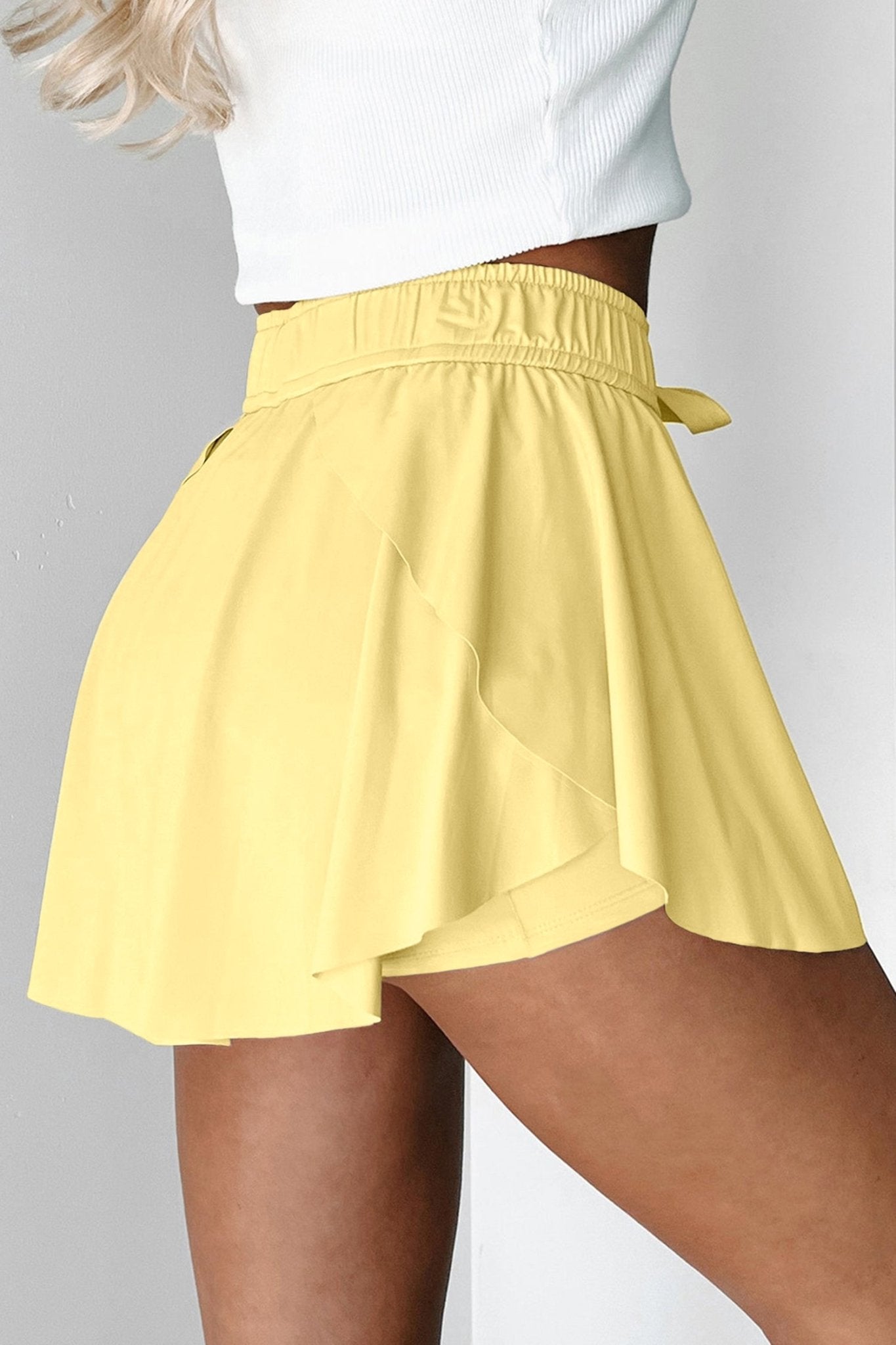 Yellow Cream Drawstring Elastic Waistband Lined Tennis Skorts - Loving It Shop
