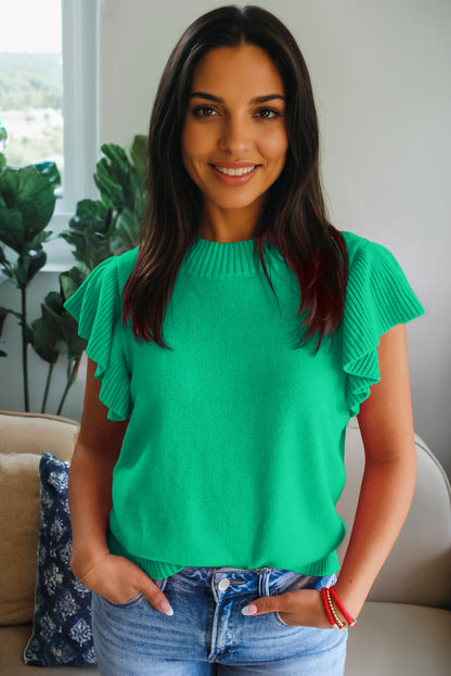 Bright Green Solid Color Ribbed Trim Round Neck Ruffle Short Sleeve Sweater