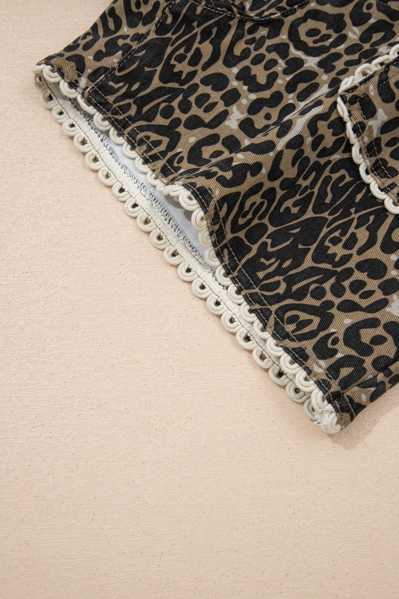 Khaki Contrast Scalloped Lace Trim Leopard Denim Shorts - Loving It Shop