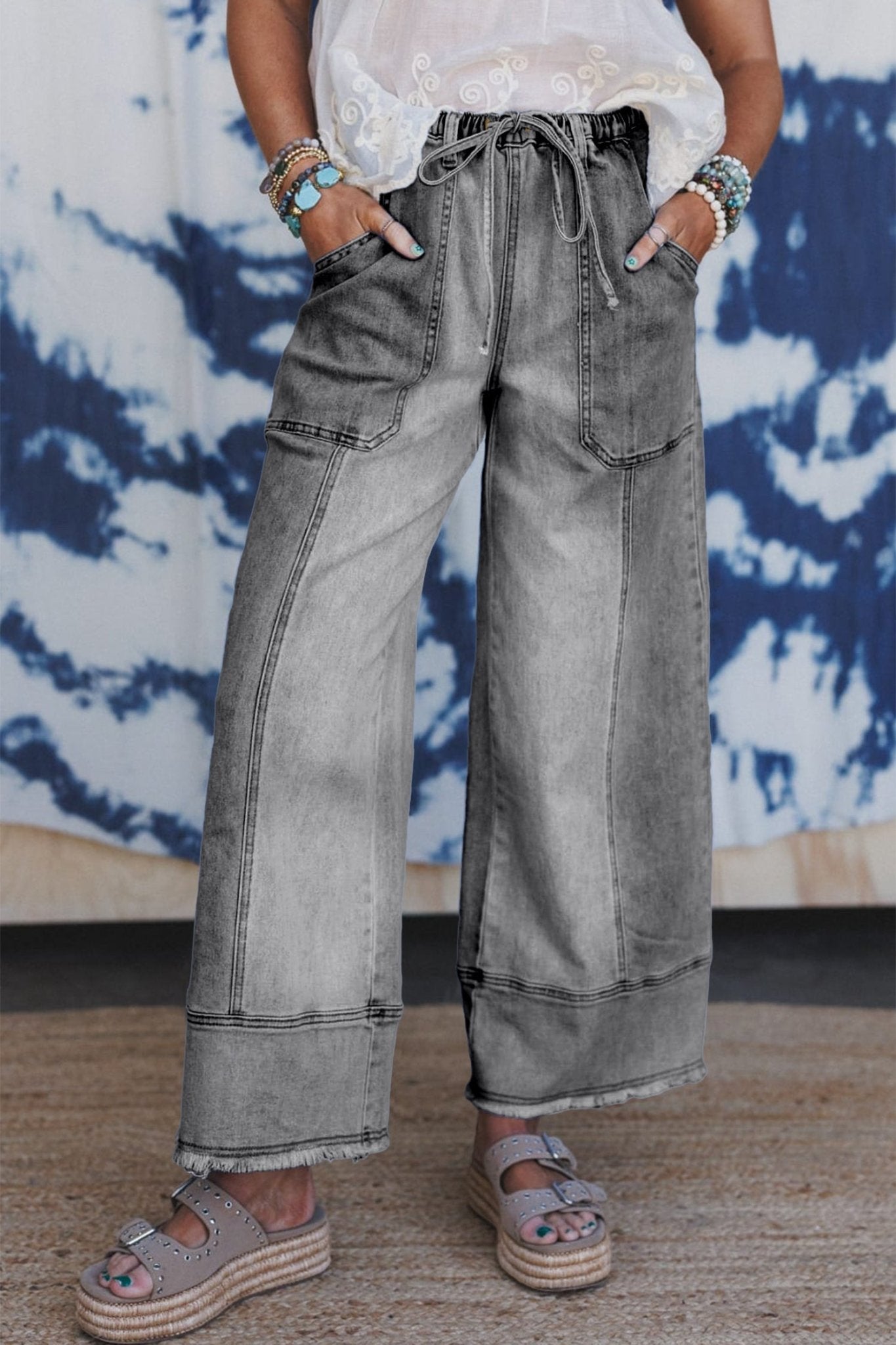 Gray Drawstring Seam Detail Raw Hem Wide Leg Denim Pants - Loving It Shop