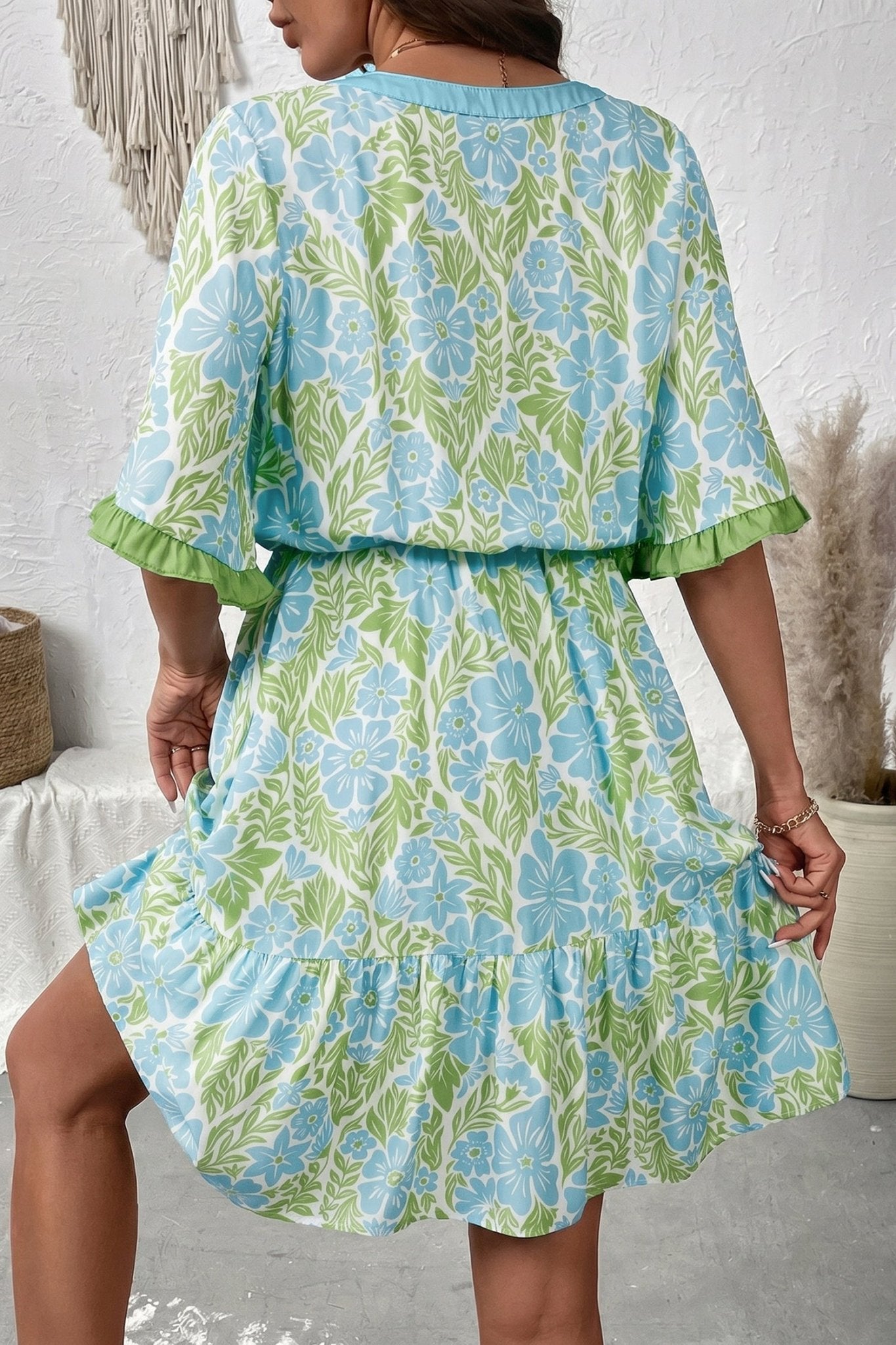 Sky Blue Floral Print High Waist Ruffle Short Sleeve Mini Dress - Loving It Shop