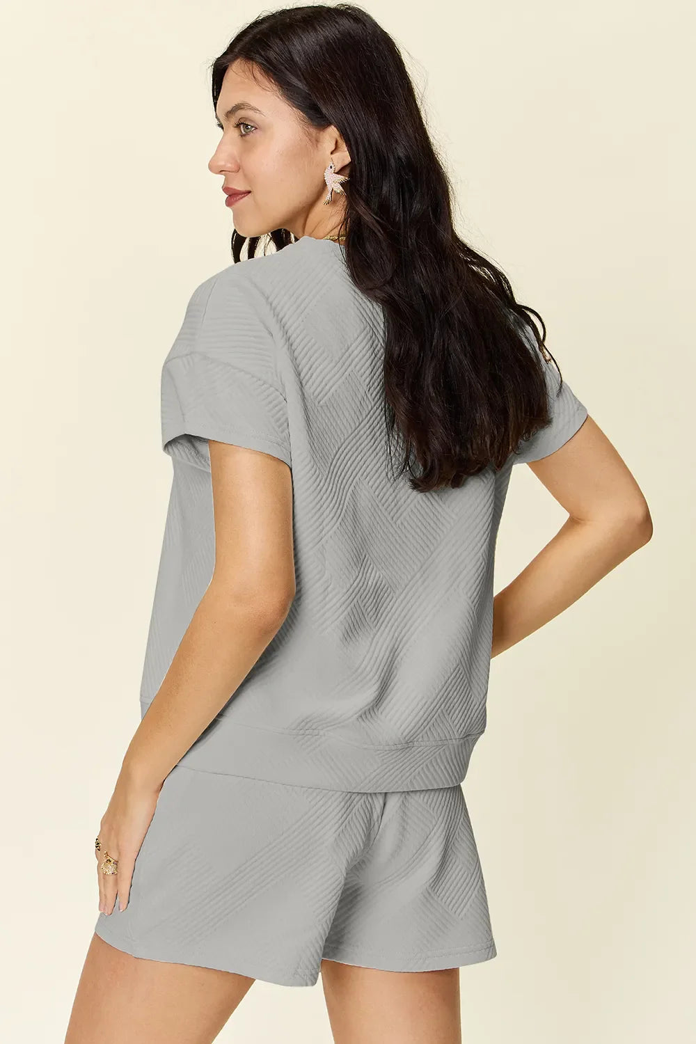 I am a Fashion Junky Full Size Texture Short Sleeve T-Shirt and Drawstring Shorts Set