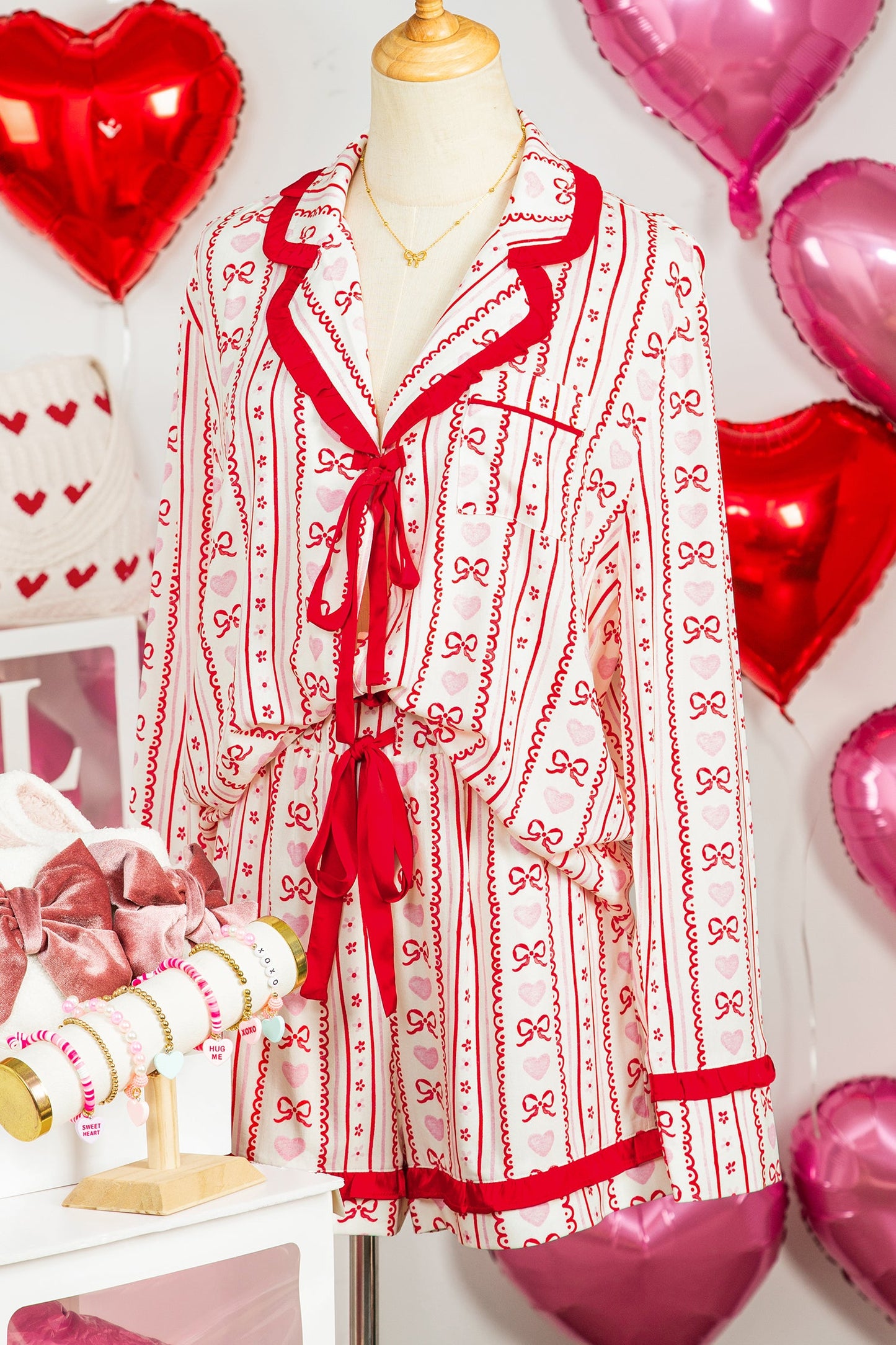 Red Sweet Floral Heart Bow Print Contrast Trim Long Sleeve Shirt Pajama Short Set
