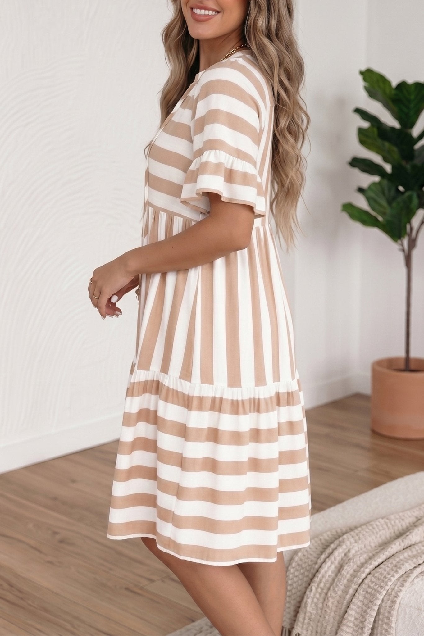 Khaki Stripe Tie V Neck Ruffle Trim Short Sleeve Flared Summer Dress - Loving It Shop