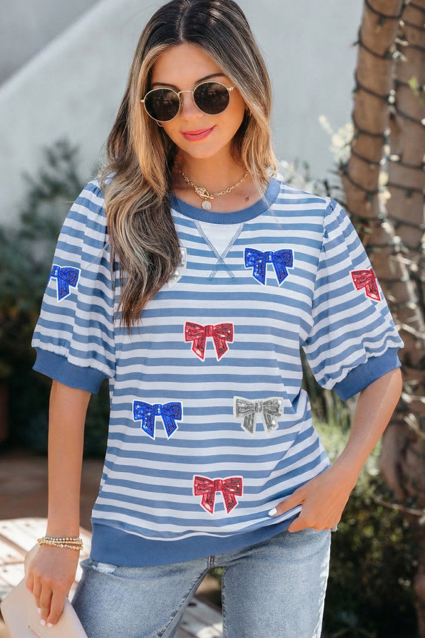 Sky Blue Stripe Patriotic Sequin Bow Graphic Short Puff Sleeve Top - Loving It Shop