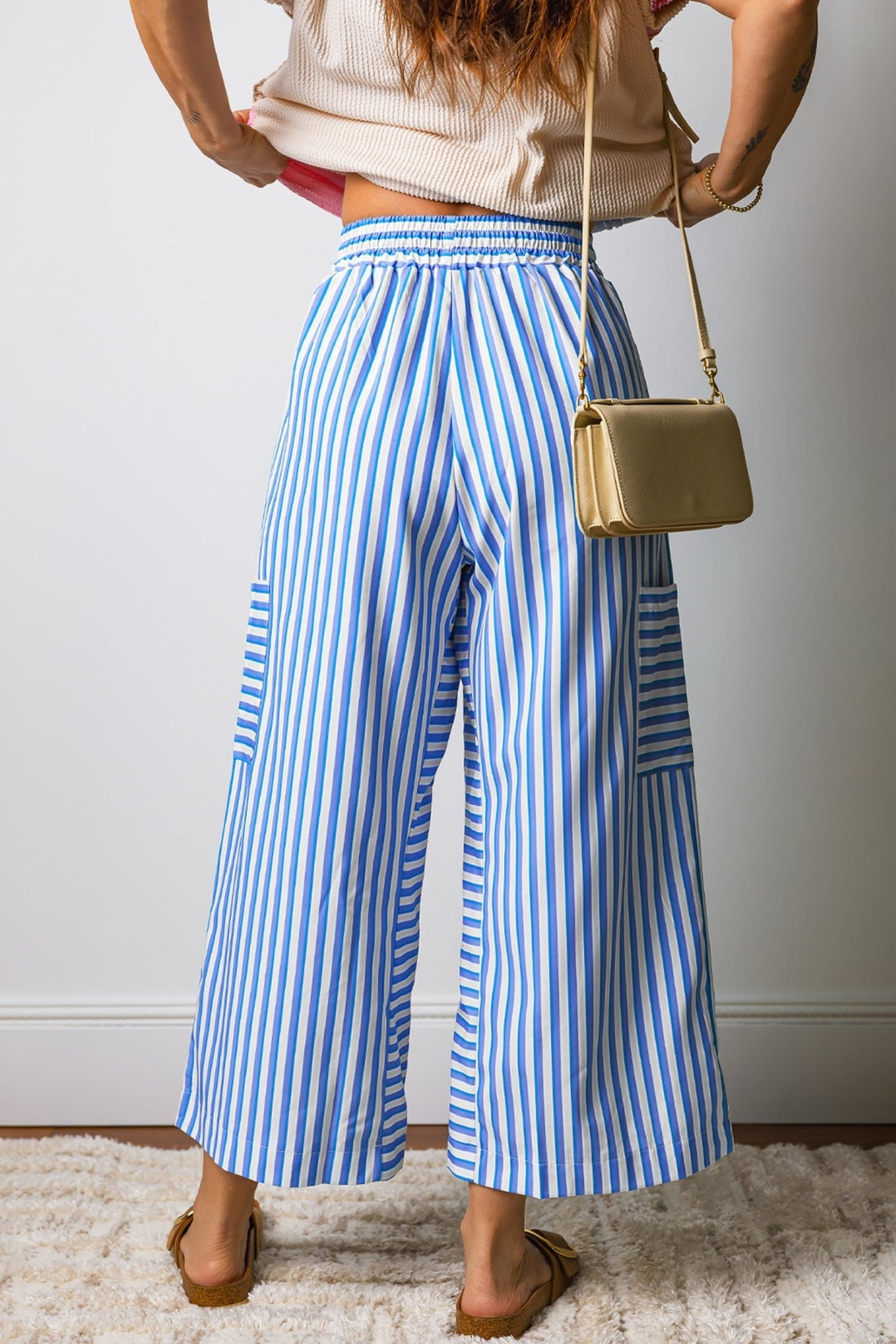Sky Blue Stripe Drawstring Elastic Waist Patch Pocket Wide Leg Ankle - length Pants - Loving It Shop