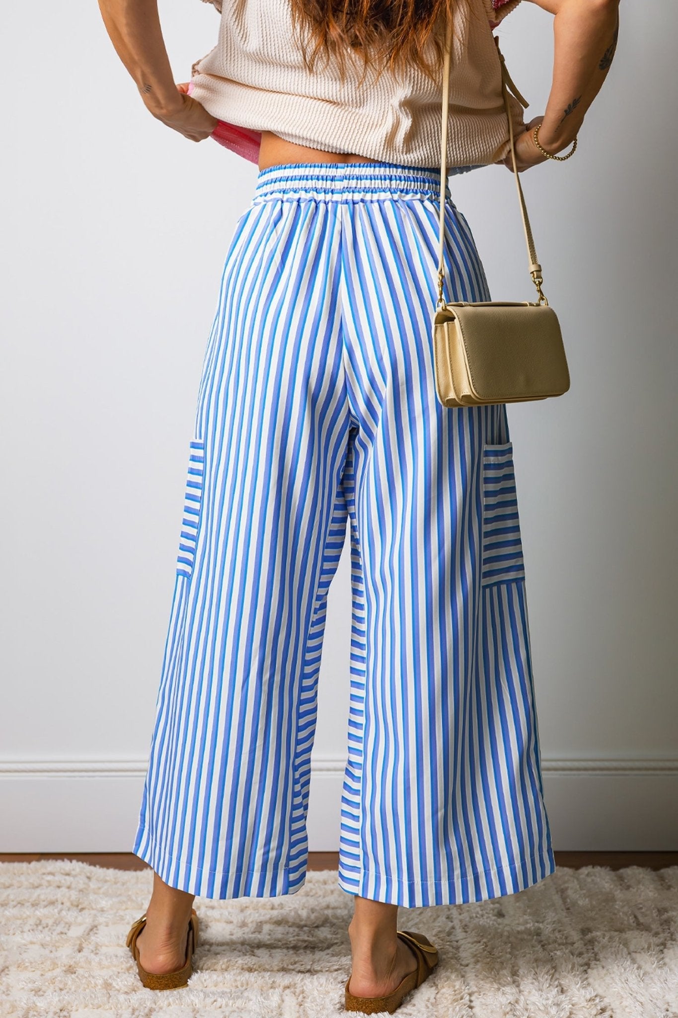 Sky Blue Stripe Drawstring Elastic Waist Patch Pocket Wide Leg Ankle - length Pants - Loving It Shop