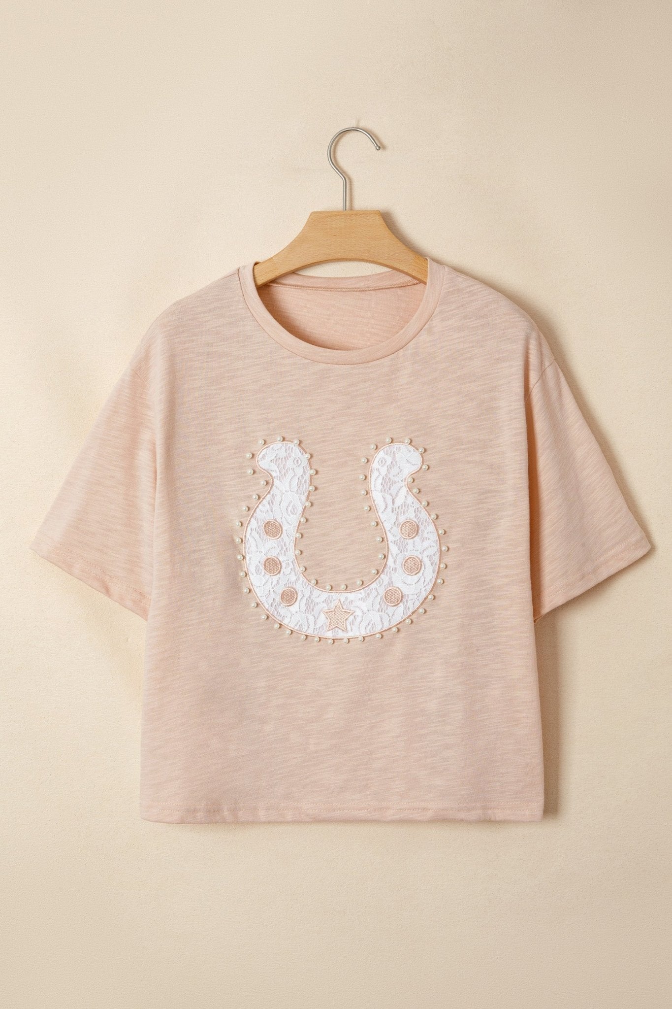Smoke Gray Lace Pearled Decor Horse Shoe Graphic Western T Shirt - Loving It Shop