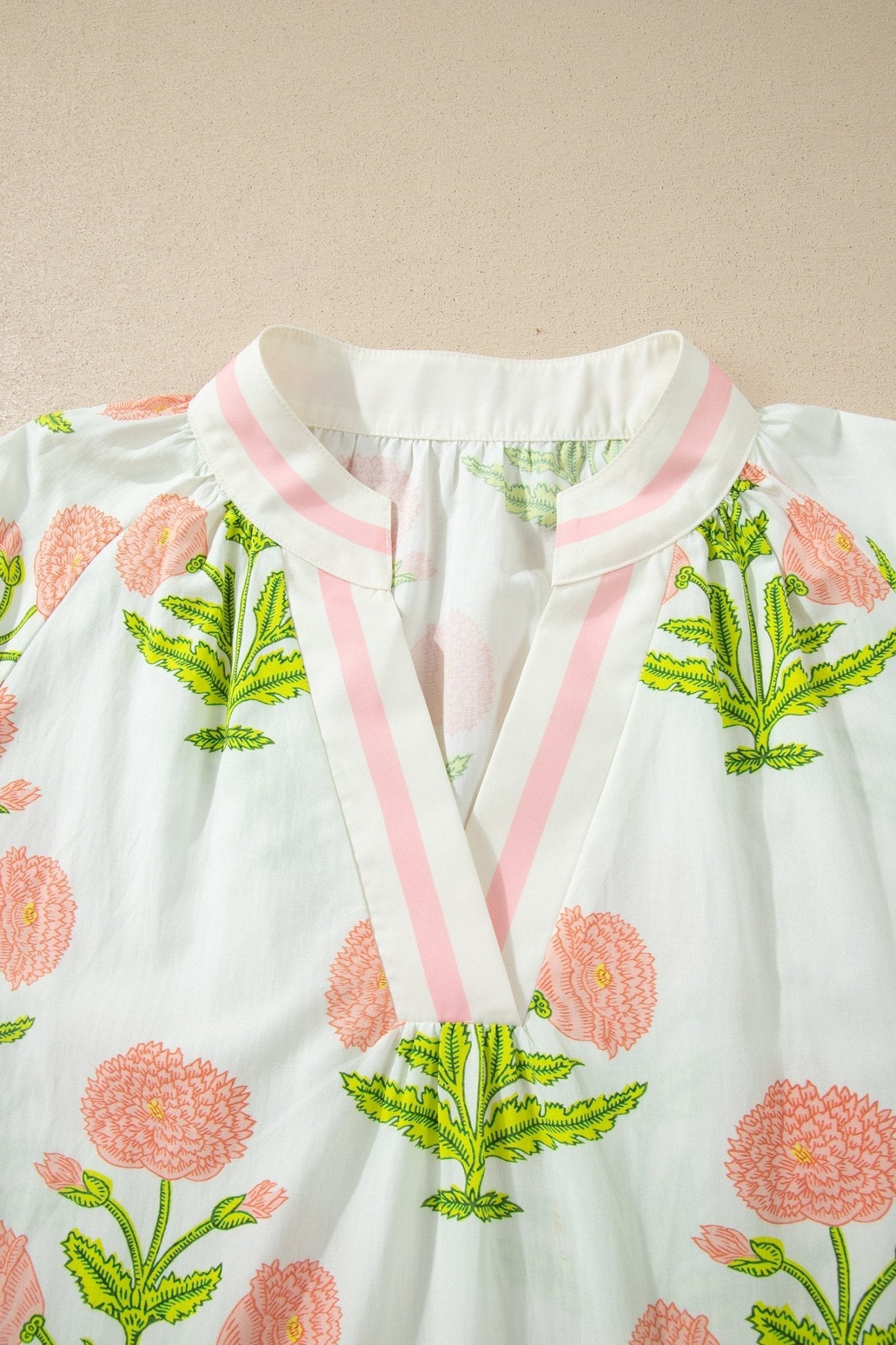 Pink Plus Size Floral Print Striped Trim V Neck Blouse - Loving It Shop