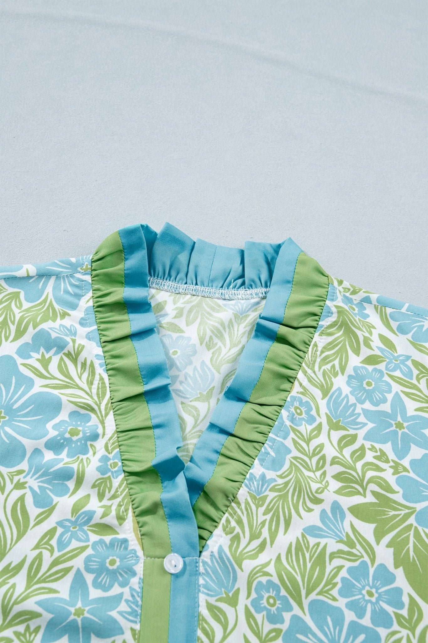 Sky Blue Botanical Floral Print Frilled Trim V Neck Button Front Loose Dress - Loving It Shop