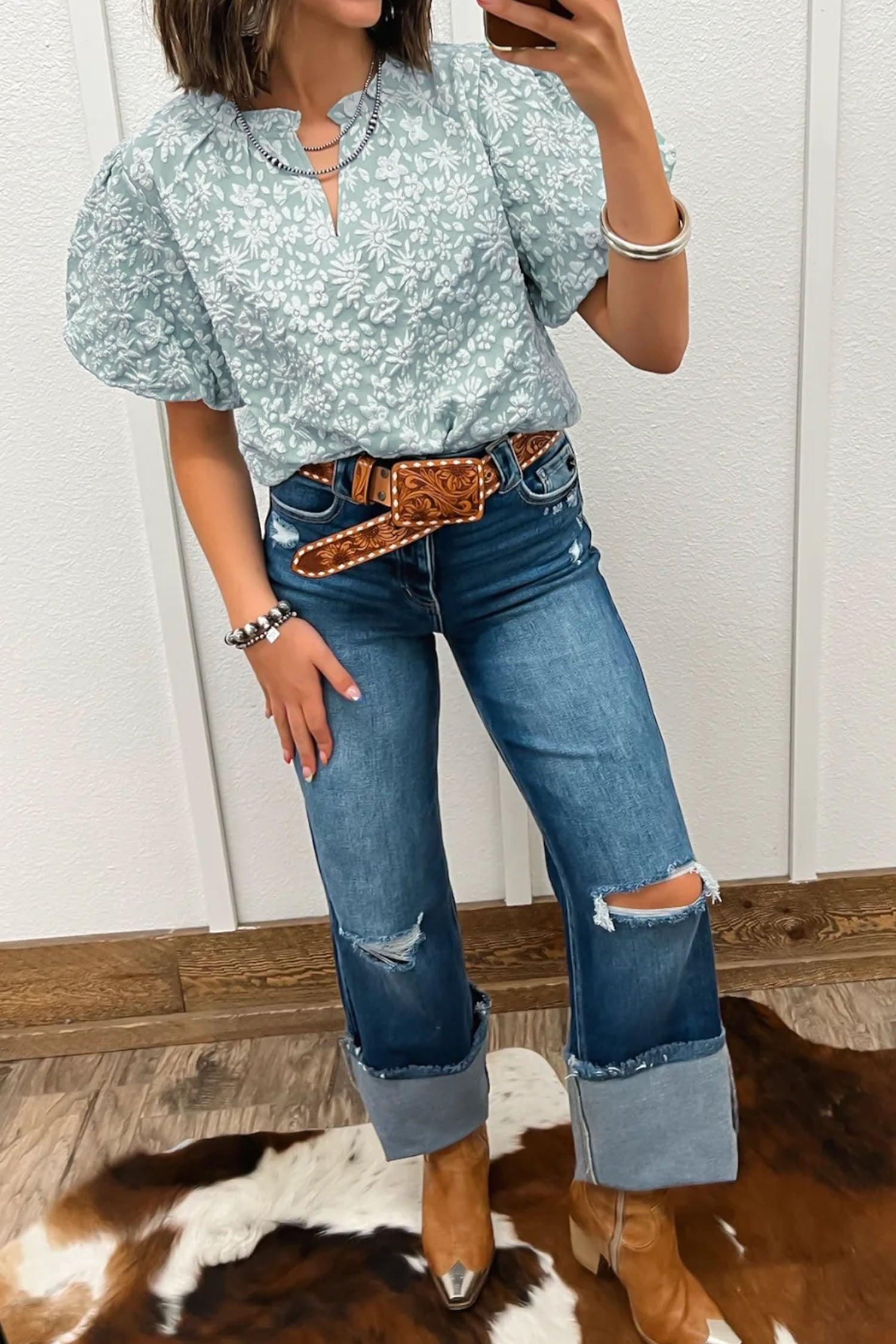 Iceland Blue Floral Textured Jacquard Puff Sleeve Blouse - Loving It Shop