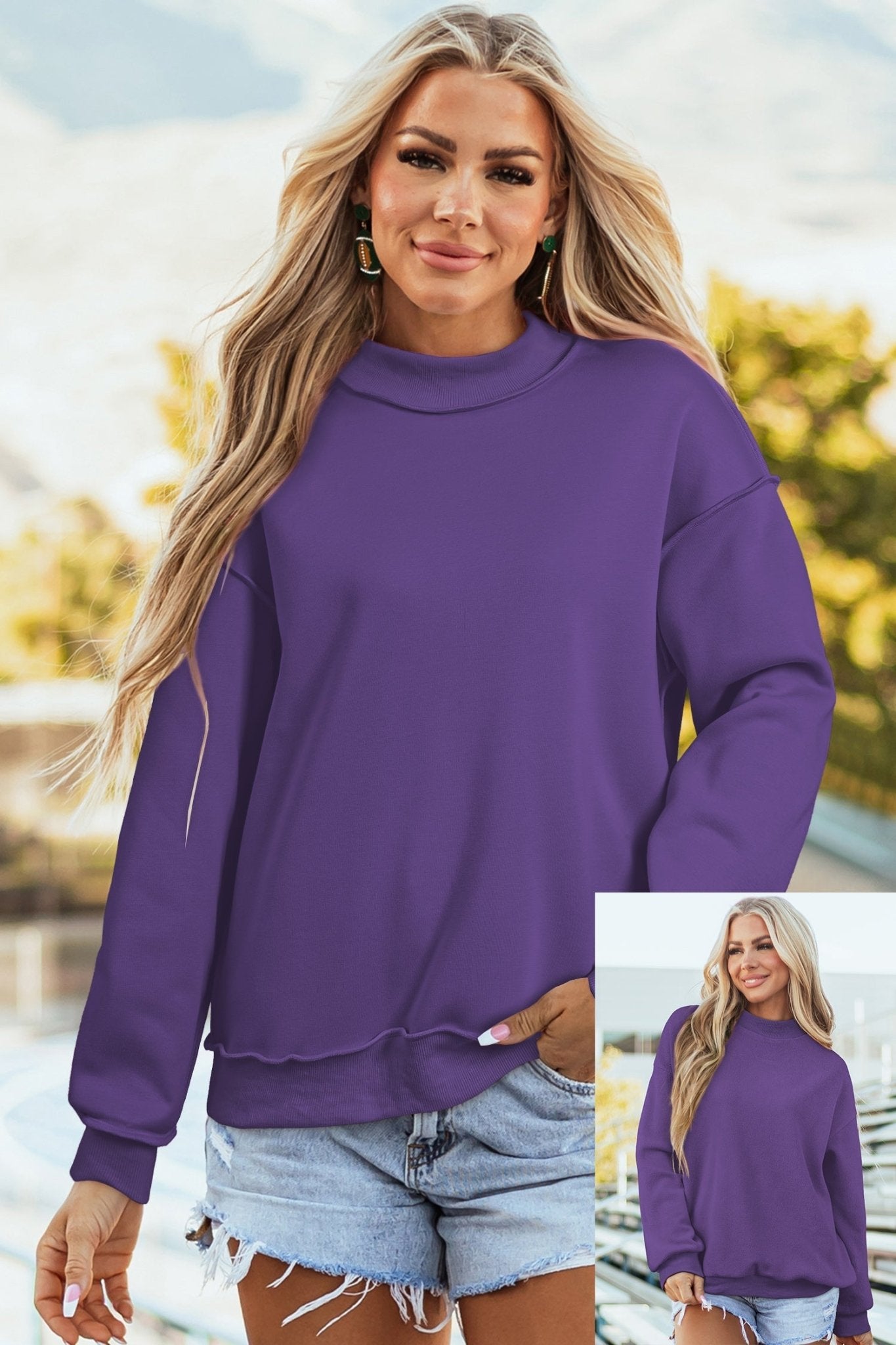 Tillandsia Purple Oversize Drop Shoulder Reversible Mock Neck Sweatshirt - Loving It Shop